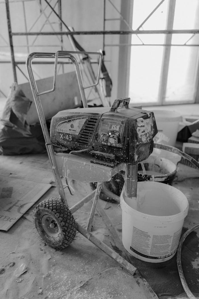about-01 Black and white image of a paint machine on a dusty construction site.